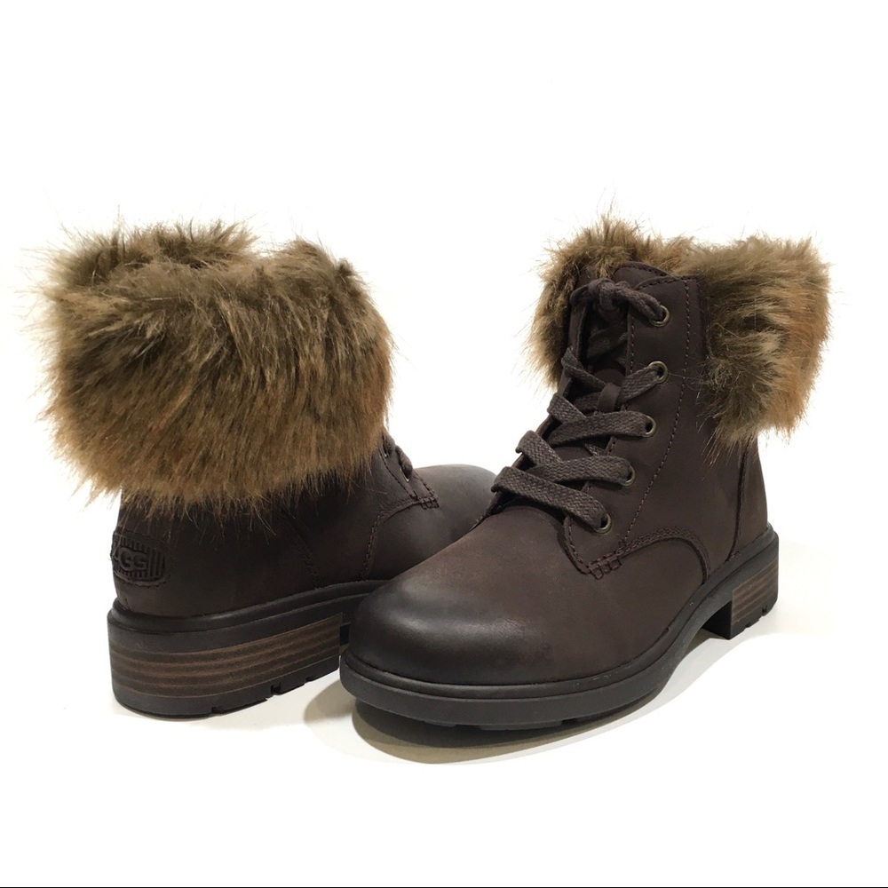 UGG Harrison Lace Tipped Boots -Stout Waterproof Leather -Faux Fur Collar US 7.5